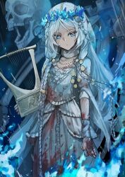 1girl absurdres black_background blood blue_eyes braid claw_ring cowboy_shot doll_joints dress elden_ring elden_ring_nightreign fire flat_chest flower_wreath head_wreath highres holding holding_instrument holding_lyre instrument iwahada joints low_twin_braids lyre parted_bangs revenant_(elden_ring) skeleton solo spirit twin_braids veil white_dress white_veil wide_sleeves