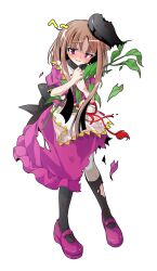 Rule 34 | 1girl, alphes (style), apron, black hat, black socks, blush, brown hair, capelet, commentary request, dairi, damaged, defeat, dress, full body, hat, holding, kneehighs, leaf, long hair, mary janes, myouga (plant), nishida satono, open mouth, parody, puffy short sleeves, puffy sleeves, purple dress, purple eyes, purple shoes, red ribbon, ribbon, shoes, short sleeves, sidelocks, socks, solo, standing, style parody, tachi-e, tassel, tate eboshi, tears, torn clothes, torn dress, touhou, transparent background, waist apron, white apron, white capelet
