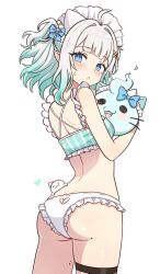 1girl :3 absurdres ahoge aqua_bikini artist_name ass_peek bikini blue_eyes blue_ribbon clothing_cutout commentary_request cowboy_shot frilled_bikini frilled_panties frills from_behind ghost ghost_girl gradient_hair green_hair grey_hair hair_intakes hair_ornament hairclip hashtag-only_commentary head_tilt heart_cutout highres holding indie_virtual_youtuber light_blush looking_at_viewer maid_headdress mascot median_furrow medium_hair mint_fantome mint_fantome_(minto_2.0) mole mole_on_ass mole_on_thigh multicolored_hair open_mouth panties panty_cutout parted_lips pointy_ears ribbon sidelocks simple_background solid_circle_eyes standing striped_bikini striped_clothes suoniko swimsuit thigh_strap triangular_headpiece two_side_up underwear vertical-striped_bikini vertical-striped_clothes virtual_youtuber white_background white_panties wisps_(mint_fantome) x_hair_ornament