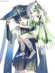 1boy 1girl anklet armlet armor bell black_bodysuit black_bridal_gauntlets black_hair black_shorts bloomers blue_cape blue_hat blue_sleeves blunt_ends bodysuit bridal_gauntlets cape carrying carrying_person closed_mouth colored_tips cross-shaped_pupils detached_sleeves dress eyeliner eyeshadow fingernails furisode genshin_impact gold gradient_sleeves green_cape green_eyes green_hair green_pupils green_sleeves grey_eyes hair_ornament hakama hakama_shorts hand_on_another&#039;s_shoulder hand_on_another&#039;s_thigh hands_up hat heart heart_hair_ornament highres japanese_armor japanese_clothes jewelry jingasa kimono kote kurokote long_hair looking_at_viewer makeup middle_ring multicolored_hair nahida_(genshin_impact) open_clothes open_kimono open_mouth pleated_shorts pointy_ears purple_rope red_eyeliner red_eyeshadow rope scaramouche_(genshin_impact) short_sleeves shorts shoulder_peek side_ponytail sidelocks sitting_on_arm sketch stirrup_footwear symbol-shaped_pupils tassel toenails toes tsurime underwear wanderer_(genshin_impact) white_background white_bloomers white_dress white_hair white_kimono white_sleeves yueniwabisabi