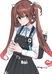 Rule 34 | 1girl, akagi kurage, asagumo (kancolle), blue ribbon, brown hair, cowboy shot, dress, fingers together, grey eyes, hair ribbon, highres, kantai collection, long hair, looking at viewer, machinery, neck ribbon, one-hour drawing challenge, original remodel (kantai collection), pinafore dress, ribbon, searchlight, shirt, simple background, sleeveless dress, solo, twintails, twitter username, white background, white shirt