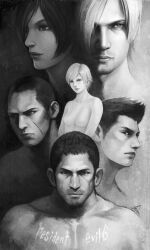 Rule 34 | 2girls, 4boys, ada wong, bare shoulders, breasts, chris redfield, closed mouth, greyscale, highres, himura (him-la), jake muller, leon s. kennedy, lips, lipstick, looking at viewer, makeup, monochrome, multiple boys, multiple girls, muscular, muscular male, nude, piers nivans, realistic, resident evil, resident evil 6, sherry birkin, short hair