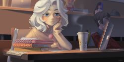1boy 3girls amuria_(wikate) arm_on_table bare_shoulders black_hair blonde_hair blue_eyes blue_hair blunt_bangs book book_stack bookmark bored breasts bright_pupils brown_hair brown_sweater chair classroom cleavage closed_mouth collared_jacket computer crossed_arms cup disposable_coffee_cup disposable_cup drink elbow_on_table expressionless faceless faceless_female faceless_male facial_tattoo grey_bag heart heart_tattoo highres holding holding_pen indoors jacket jewelry laptop light_blush long_sleeves looking_ahead macbook medium_hair multicolored_hair multiple_girls nail_polish necklace notebook on_chair original paper parted_bangs pen pencil_case pink_nails pink_tank_top plaid_clothes plaid_jacket red_jacket shirt short_hair sitting sleeves_past_wrists solo_focus split-color_hair steam studying swan_(wikate) sweater tank_top tattoo turtleneck turtleneck_sweater two-tone_hair wavy_hair white_hair white_pupils white_shirt wikate writing