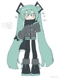 1girl ankle_boots aqua_bow aqua_hair aqua_trim arm_at_side black_boots black_eyes black_gloves black_pantyhose black_scarf black_skirt boots bow calendar_(object) closed_mouth dot_nose double-parted_bangs english_text footwear_bow full_body gloves grey_jacket hair_between_eyes hand_up hashtag-only_commentary hatsune_miku highres jacket long_hair long_sleeves looking_at_viewer miniskirt pantyhose plaid_clothes plaid_scarf pleated_skirt scarf simple_background skirt smile solo sparkle standing straight-on takawoyu twintails very_long_hair vocaloid white_background