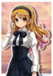 1girl absurdres artist_name black_bow black_corset black_eyes black_hairband black_skirt blouse blurry blurry_background border bow breasts commentary corset cowboy_shot curly_hair dragon_quest dragon_quest_x empty_eyes expressionless hairband hand_up highres kumaris_(dq10) long_hair looking_at_viewer looking_to_the_side medium_breasts mole mole_under_mouth moyapippi orange_hair shirt shirt_bow skirt white_border white_shirt