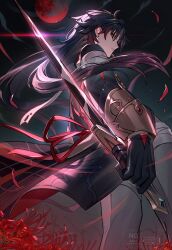 1boy bandaged_leg bandages black_gloves black_hair black_jacket blade_(honkai:_star_rail) closed_mouth earrings floating_hair flower full_moon gloves gradient_hair grey_pants highres holding holding_sword holding_weapon honkai:_star_rail honkai_(series) jacket jewelry long_hair long_sleeves looking_at_viewer male_focus moon multicolored_hair outdoors pants red_eyes red_flower red_hair red_moon solo spider_lily sword tsugutoku watermark weapon