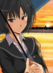 1girl amagami black_eyes black_hair blush breasts female_focus holding_hands murasaki_iro nanasaki_ai rain school_uniform short_hair smile solo solo_focus sunset sweater_vest umbrella