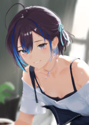 Rule 34 | 1girl, ahoge, black camisole, black hair, black overalls, blue hair, blue ribbon, blurry, blurry background, blush, breasts, camisole, center-flap bangs, cleavage, cohi27151463, commentary, double-parted bangs, earrings, glint, grey eyes, grin, hair between eyes, hair ribbon, highres, indie virtual youtuber, jewelry, leaning forward, looking at viewer, medium breasts, mole, mole under eye, multicolored hair, necklace, off-shoulder shirt, off shoulder, overalls, parted lips, ribbon, shirt, short hair, smile, solo, streaked hair, sunlight, two-tone hair, upper body, virtual youtuber, white shirt, yubari rei