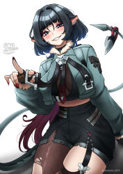 Rule 34 | 1girl, :d, absurdres, animal ears, aqua eyes, aqua jacket, arm support, artist name, black gloves, black hair, black necktie, black shorts, breasts, clenched teeth, cowboy shot, earrings, fingerless gloves, gloves, grin, hair between eyes, hair intakes, highres, jacket, jane doe (zenless zone zero), jewelry, knife, large breasts, long hair, long sleeves, looking at viewer, necktie, open mouth, pantyhose, red nails, shadow, short hair, shorts, simple background, smile, solo, tail, teeth, torn clothes, torn pantyhose, twitter username, white background, xorbis, zenless zone zero
