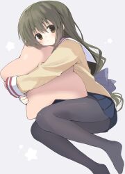 Rule 34 | 1girl, :&lt;, absurdres, black pantyhose, blazer, blue skirt, blush, bow, brown eyes, brown hair, clannad, closed mouth, commentary, dutch angle, foot out of frame, frown, grey background, hair between eyes, hair bow, highres, hikarizaka private high school uniform, hugging object, ibuki fuuko, jacket, knees together feet apart, knees up, long hair, looking at viewer, low-tied long hair, lying, miniskirt, no shoes, on side, pantyhose, pleated skirt, purple bow, sailor collar, school uniform, serafuku, simple background, skirt, sleeves past wrists, solo, star (symbol), stuffed star, takepoison, v-shaped eyebrows, very long hair, white sailor collar, yellow jacket