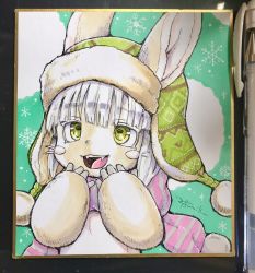 1other :3 :d animal_ears aqua_background artist_name bob_cut brown_fur ears_through_headwear fangs fur-trimmed_headwear fur_trim furry green_eyes green_headwear grey_hair hands_on_own_face hands_up highres horizontal_pupils inverted_bob made_in_abyss nanachi_(made_in_abyss) open_mouth other_focus photo_(medium) pink_scarf scarf shikishi short_hair signature smile snowflake_background snowflakes solo striped_clothes striped_scarf teeth topless_other traditional_media tsumiki_yuu upper_body upper_teeth_only whiskers white_background winter
