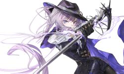 1girl absurdres artist_name artist_request asymmetrical_gloves black_gloves black_vest blue_eyes breasts cape curly_hair detective_(silver_palace) energy fedora female_detective_(silver_palace) female_focus gloves hat highres holding holding_sword holding_weapon long_hair long_sleeves looking_at_viewer medium_breasts purple_cape purple_hair rapier red_pupils shirt shorts silver_palace solo solo_focus sword vest weapon white_background white_gloves white_shirt