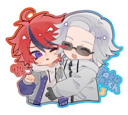 2boys ? ?? ahoge aotsuki_eito black_gloves blue_hair blue_outline blush chibi chibi_only closed_eyes drawstring eyelashes gloves hoodie hug jacket male_focus messy_hair multiple_boys musical_note one_eye_closed outline red_eyes red_hair red_outline simple_background sumino_takumi sunglasses teeth the_hundred_line_-last_defense_academy- upper_body upper_teeth_only white_background white_hair white_hoodie white_jacket yaoi zipper zipper_pull_tab