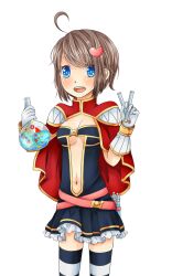 Rule 34 | 1girl, ahoge, belt, black thighhighs, blue eyes, blush, breasts, brown hair, cape, cleavage, commentary request, cowboy shot, creator (ragnarok online), dress, flask, frilled dress, frills, gloves, hair ornament, heart, heart hair ornament, highres, looking at viewer, medium breasts, meiko (nattu303), navel, open mouth, pink belt, plunging neckline, potion, ragnarok online, red cape, short dress, short hair, simple background, smile, solo, strapless, strapless dress, striped clothes, striped thighhighs, thighhighs, white background, white gloves, white thighhighs