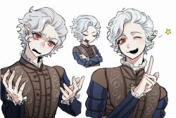 1boy ;d astarion baldur&#039;s_gate baldur&#039;s_gate_3 closed_eyes cropped_torso crossed_arms dungeons_&amp;_dragons dungeons_&amp;_dragons elf fang frilled_shirt_collar frilled_sleeves frills hand_up hands_up highres index_finger_raised looking_at_viewer male_focus multiple_views one_eye_closed open_mouth pointy_ears red_eyes short_hair simple_background smile upper_body white_background white_hair yy20251111