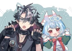 1boy 1girl :d animal_ears apron bandaged_arm bandaged_neck bandages black_gloves black_hair black_shirt blue_background blue_eyes blue_hair blush bow bowtie brooch chain chisora_(chisora_ra) claw_pose coat coat_on_shoulders collared_shirt commentary_request drawn_bow drawn_ears drawn_tail dress ear_piercing earrings eyelashes facial_scar fake_animal_ears fake_tail fangs fingerless_gloves fur-trimmed_coat fur_trim gao genshin_impact gloves green_dress grey_hair hair_between_eyes hair_ornament hands_up hat highres jewelry long_sleeves looking_at_viewer low_twintails medium_hair multicolored_hair necktie notice_lines nurse_cap open_mouth parted_bangs piercing pom_pom_(clothes) pom_pom_hair_ornament red_bow red_bowtie red_eyes red_necktie scar scar_on_arm scar_on_cheek scar_on_face scar_on_neck shirt short_eyebrows short_hair short_twintails sidelocks sigewinne_(genshin_impact) simple_background sleeve_cuffs smile streaked_hair stud_earrings tail twintails two-tone_background upper_body v-shaped_eyebrows white_apron white_background white_gloves white_headwear wriothesley_(genshin_impact)