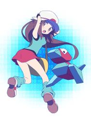 1girl :o agata_(agatha) bird blue_legwear blue_shirt breasts brown_eyes brown_hair creature gen_1_pokemon hat leaf_(pokemon) leg_warmers long_hair nintendo pokemon pokemon_(creature) pokemon_frlg porygon red_skirt shirt shoes skirt sleeveless sleeveless_shirt small_breasts white_hat