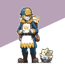 Rule 34 | 1boy, :d, arms up, backpack, bag, blacknirrow, blonde hair, blue hat, blue pants, blue shirt, boots, brown eyes, brown footwear, closed mouth, commentary, english commentary, full body, gen 2 pokemon, ginkgo guild uniform, grey eyes, hair over one eye, hat, nintendo, open mouth, outline, pants, pokemon, pokemon (creature), pokemon legends: arceus, shirt, simple background, smile, standing, togepi, two-tone background, two-tone hat, volo (pokemon), white outline, yellow hat