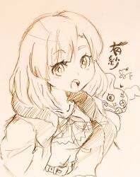1girl belt digimon digimon_(creature) kinosaki_arisa monochrome open_mouth shoemon sketch smile