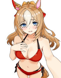 Rule 34 | 1girl, animal ears, bikini, blonde hair, blue eyes, blush, breasts, cleavage, collarbone, commentary request, cowboy shot, durandal (umamusume), from above, hair between eyes, hand on own chest, highres, horse ears, horse girl, horse tail, large breasts, layered bikini, long hair, multi-strapped bikini bottom, multi-strapped bikini top, multicolored hair, navel, red bikini, side-tie bikini bottom, simple background, smapy sumataku, solo, stomach, streaked hair, swimsuit, tail, textless version, umamusume, white background, white hair