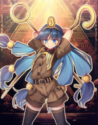 1girl arms_behind_head arms_up belt belt_buckle black_belt black_thighhighs blue_eyes blue_hair blunt_bangs brown_shirt brown_shorts buckle buttons chima_q closed_mouth collared_shirt cowboy_shot earrings facial_mark facial_tattoo gold gold_buckle hair_bobbles hair_ornament headpiece highres holding holding_scepter jewelry key key_earrings light_blush long_hair looking_at_viewer low-tied_long_hair michigami_nareko no_nose outline pocket pyramid_(structure) scepter shirt short_sleeves shorts skindentation smile solo standing tattoo thighhighs touhou triangle triangle_facial_mark