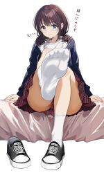 1girl absurdres black_shoes blue_eyes blue_jacket blush brown_hair closed_mouth convenient_skirt eyebrows_hidden_by_hair feet foot_focus full_body girls_band_cry hair_between_eyes hair_intakes highres iseri_nina jacket leg_up long_sleeves looking_at_viewer low_twintails medium_hair miniskirt open_clothes open_jacket plaid_clothes plaid_skirt pleated_skirt red_skirt right_shoe_removed shirt shoes short_twintails simple_background single_shoe sitting skirt smile sneakers socks soles solo split_mouth sweatdrop thighs translated twintails v-shaped_eyebrows white_background white_shirt white_socks zaofeng