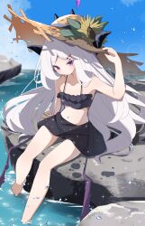 1girl bikini black_bikini black_halo blue_archive blue_sky blush breasts day demon_girl demon_horns demon_wings feet frilled_bikini frills hair_ornament hairclip halo hat highres hina_(blue_archive) horns loli long_hair looking_at_viewer low_wings navel ocean outdoors purple_eyes sasanoha_(sasanoha0712) sitting sky small_breasts solo straw_hat swimsuit toes very_long_hair white_hair wings