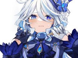Rule 34 | 1girl, ahoge, ascot, asymmetrical gloves, black ascot, black gloves, blue eyes, blue gemstone, blue hair, blue hat, blue jacket, blush, closed mouth, commentary request, crime prevention buzzer, crime prevention buzzer threat, drop-shaped pupils, furina (genshin impact), gem, genshin impact, gloves, hair between eyes, hat, heterochromia, highres, hydro symbol (genshin impact), jacket, long hair, long sleeves, looking at viewer, mismatched gloves, mismatched pupils, multicolored hair, portrait, shinoo0915, shukusei!! loli-kami requiem, simple background, solo, sweat, symbol-shaped pupils, top hat, white gloves, white hair