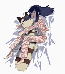 1girl barefoot blue_hair closed_eyes dark_blue_hair dawn_(pokemon) furret gen_2_pokemon highres long_hair long_sleeves lying nintendo on_side open_mouth pajamas pants pokemon pokemon_dppt shichibee_(stm_mimi) shirt sleeping solo stuffed_toy