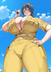 1girl absurdres april_o&#039;neil belt black_hair blue_sky breasts brown_eyes chain-link_fence cleavage closed_mouth cloud commentary_request curvy day fence from_behind hair_between_eyes hakai_shin hand_on_own_hip highres holding huge_breasts jumpsuit looking_at_viewer looking_down microphone original outdoors short_sleeves sky smile solo standing teenage_mutant_ninja_turtles thick_thighs thighs wide_hips yellow_jumpsuit