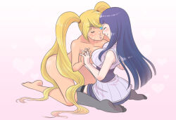 Rule 34 | 2girls, black hair, blonde hair, blue eyes, breast press, breasts, closed eyes, clothed female nude female, completely nude, genderswap, hyuuga hinata, kiss, large breasts, multiple girls, naruko (naruto), naruto, naruto (series), naruto shippuuden, nude, risuo, sexy no jutsu, simple background, smile, symmetrical docking, twintails, uzumaki naruto