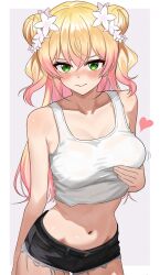 1girl absurdres alternate_costume bikini_bridge black_shorts blonde_hair blush border breasts cleavage collarbone contrapposto cowboy_shot crop_top cutoffs double_bun flower grabbing_own_breast green_eyes grey_hair groin hair_bun hair_flower hair_ornament hashtag-only_commentary heart highres hololive long_hair looking_at_viewer mdiriff medium_breasts mino_(miiiinon611) momosuzu_nene multicolored_hair navel nervous outside_border pink_hair shirt short_shorts shorts solo streaked_hair tank_top two-tone_hair virtual_youtuber w wavy_mouth white_border white_shirt