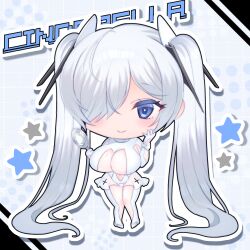 17ho_10ban 1girl blue_eyes blush breasts chibi cinderella_(nikke) deformed eyelashes full_body goddess_of_victory:_nikke hair_over_one_eye highres holding holding_mirror huge_breasts large_breasts long_hair mirror solo twintails very_long_hair