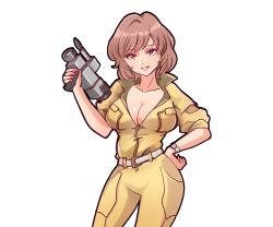 1girl april_o&#039;neil bodysuit breasts brown_eyes brown_hair cleavage hand_on_own_hip highres large_breasts legs looking_at_viewer no_bra parted_lips seductive_smile short_hair smile solo teenage_mutant_ninja_turtles thighs