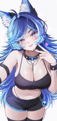1girl absurdres animal_ear_fluff animal_ears black_camisole black_thighhighs blue_eyes blue_hair bracelet breasts camisole chaisia_art cleavage collar commentary crop_top english_commentary heart highleg highleg_panties highres indie_virtual_youtuber jewelry large_breasts light_blush long_hair navel paid_reward_available panties reaching reaching_towards_viewer scar scar_across_eye scar_on_face selfie short_shorts shorts solo spiked_bracelet spiked_collar spikes spite_(vtuber) thighhighs underwear v virtual_youtuber wolf_ears wolf_girl