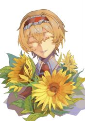 1girl alice_margatroid blonde_hair capelet closed_mouth flower hair_between_eyes hairband highres lolita_hairband neckerchief onionmay red_neckerchief short_hair smile solo sunflower teeth touhou upper_body white_background white_capelet