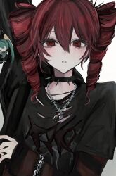 1girl absurdres alternate_costume black_collar black_shirt black_sleeves chain chain_necklace charm_(object) chibi choker collar commentary cross cross_necklace drill_hair guitar_case hair_between_eyes hatsune_miku highres holding instrument_case jewelry kanau_(u_u_zzx) kasane_teto layered_sleeves lock long_sleeves looking_at_viewer necklace parted_lips punk red_eyes red_hair shirt short_over_long_sleeves short_sleeves simple_background solo spiked_choker spiked_collar spikes torn_clothes twin_drills twintails upper_body utau vocaloid white_background