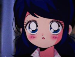 1990s_(style) 1girl bad_id bad_twitter_id blue_eyes blue_hair blurry blurry_background bright_pupils collared_shirt commentary depth_of_field derivative_work dot_nose english_commentary eyelashes faux_retro_artstyle film_grain honeymoonpetal indoors light_blush looking_ahead low_twintails marinette_dupain-cheng miraculous_ladybug open_mouth polka_dot polka_dot_shirt portrait retro_artstyle screenshot_redraw shirt short_hair short_twintails speech_bubble surprised tareme twintails white_pupils
