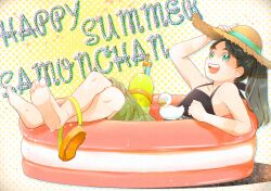 Rule 34 | 1boy, 58 (scbaby), androgynous, barefoot, black tank top, character name, goggles, happy birthday, hat, kanzaki samon, long hair, open mouth, partially submerged, ponytail, rakudai ninja rantarou, rubber duck, shorts, sitting, solo, straw hat, sun hat, tank top, wading pool, water gun, wet