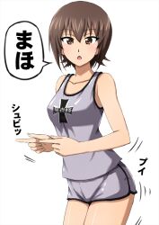 Rule 34 | 1girl, bare shoulders, blush, breasts, brown eyes, brown hair, collarbone, emblem, girls und panzer, grey shorts, gym shorts, gym uniform, highres, kuromorimine (emblem), looking at viewer, medium breasts, nishizumi maho, omachi (slabco), open mouth, short hair, shorts, simple background, solo, tank top, white background