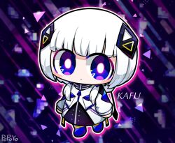 1girl ankle_boots arms_at_sides artist_name blue_boots blunt_bangs blush boots bright_pupils buttons cevio character_name chibi chibi_only closed_mouth coat commentary_request double-breasted expressionless full_body hair_ornament halftone kafu_(cevio) long_hair no_nose outline pepoyo purple_background purple_eyes solo standing triangle twintails white_coat white_hair white_outline white_pupils zipper