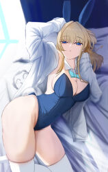 Rule 34 | 1girl, absurdres, animal ear hairband, animal ears, arms behind head, blonde hair, blue archive, blue bow, blue bowtie, blue eyes, blue hairband, blue leotard, blush, bow, bowtie, breasts, cleavage, detached collar, doodle sensei (blue archive), fake animal ears, hair between eyes, hairband, highres, jacket, jinling ovo, large breasts, leotard, long hair, looking at viewer, on bed, playboy bunny, rabbit ear hairband, rabbit ears, sensei (blue archive), sidelocks, thighhighs, toki (blue archive), white jacket, white thighhighs