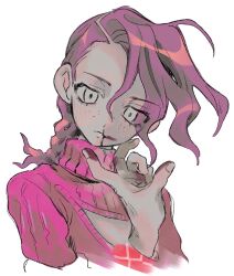 1boy blood blood_on_face blood_on_hands braid c73an cleavage_cutout clothing_cutout cropped_torso disembodied_hand eyelashes freckles hair_between_eyes highres jojo_no_kimyou_na_bouken looking_at_viewer male_focus nosebleed pink_hair pink_sweater ribbed_sweater simple_background sweater turtleneck turtleneck_sweater vento_aureo vinegar_doppio white_background