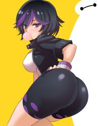 1girl ass baymax bent_over big_hero_6 bike_shorts black_hair black_jacket blowing_bubbles blush breasts chewing_gum cowboy_shot female_focus from_behind gogo_tomago jacket konno_tohiro looking_at_viewer looking_back medium_breasts multicolored_hair open_clothes open_jacket purple_eyes purple_hair shirt short_hair solo two-tone_hair white_shirt
