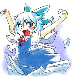 Rule 34 | 1girl, blue bow, blue dress, blue eyes, blue hair, blush, bow, cirno, clenched hands, collared shirt, dress, hair bow, ice, ice wings, looking at viewer, one eye closed, open mouth, painttool sai (medium), pinafore dress, puffy short sleeves, puffy sleeves, red ribbon, ribbon, shirt, short hair, short sleeves, sleeveless, sleeveless dress, stretching, taiman 44 koukei, touhou, wings, yawning