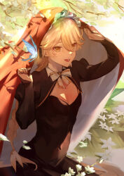 1boy aether_(genshin_impact) alternate_costume arm_up black_dress blonde_hair blurry bow braid breasts cleavage cleavage_cutout clothing_cutout cowboy_shot crossdressing depth_of_field dress eyelashes fingernails flower genshin_impact hair_between_eyes hair_ornament hand_up hands_up hat holding hood jewelry kizuku_vii leaf long_hair long_sleeves looking_at_viewer male_focus medium_breasts nail_polish open_mouth outdoors parted_lips sidelocks single_braid smile solo standing tassel tree upper_body very_long_hair white_flower yellow_eyes