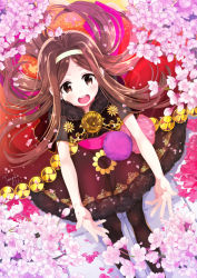 Rule 34 | 1girl, :d, artist name, bad id, bad pixiv id, blush, branch, brown eyes, brown hair, chacha (fate), cherry blossoms, dress, fate/grand order, fate (series), female focus, flower, fur-trimmed dress, fur trim, hairband, highres, long hair, open mouth, outstretched arms, outstretched hand, pantyhose, petals, signature, sitting, smile, solo, tanaka kii, tile floor, tiles, very long hair