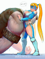 Rule 34 | 1boy, 1girl, abigail (final fight), blonde hair, blue boots, blue eyes, blue leotard, boots, breasts, choke hold, cleavage, clothing cutout, commentary, domino mask, english commentary, english text, large breasts, leotard, long hair, looking at viewer, mask, muscular, muscular female, muscular male, quasimodox, rainbow mika, shoulder cutout, size difference, speech bubble, standing, strangling, street fighter, street fighter v, twintails, unconscious, wrestling outfit