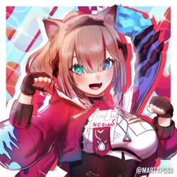 1girl :d absurdres animal_ears artist_name black_gloves blue_eyes breasts cat_ears cat_girl fang fingerless_gloves gloves green_eyes headband heterochromia highres honkai_(series) honkai_impact_3rd jacket long_sleeves looking_at_viewer martypcsr medium_breasts medium_hair mole mole_under_eye open_mouth pardofelis pardofelis_(reverist_calico) pardofelis_(spectral_claws) pink_jacket second-party_source skin_fang smile solo upper_body
