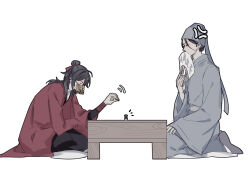 2boys anger_vein black_hair black_hanfu board_game chess_piece chinese_clothes chinese_commentary closed_eyes coat coin coin_mask covered_mouth cushion dao_gui_yi_xian from_side grey_hanfu grey_hat grey_shoes hair_bun hair_ribbon half_updo hand_fan hand_fan_writing hand_up hanfu hat hat_ribbon highres holding holding_chess_piece holding_fan jin_(headwear) li_huowang long_hair long_sleeves looking_at_object male_focus mask motion_lines mouth_veil multiple_boys notice_lines paper_fan red_coat red_eyes red_ribbon ribbon robe sandsawako seiza shoes simple_background single_hair_bun sitting table updo veil white_background wide_sleeves zhouzi_jin_(headwear) zhuge_yuan